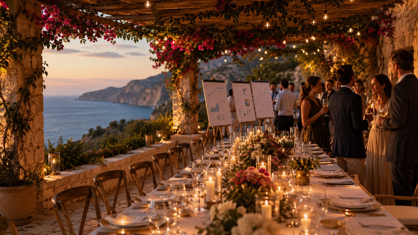 An evening congress reception on a Cretan clifftop terrace overlooking the Aegean Sea
